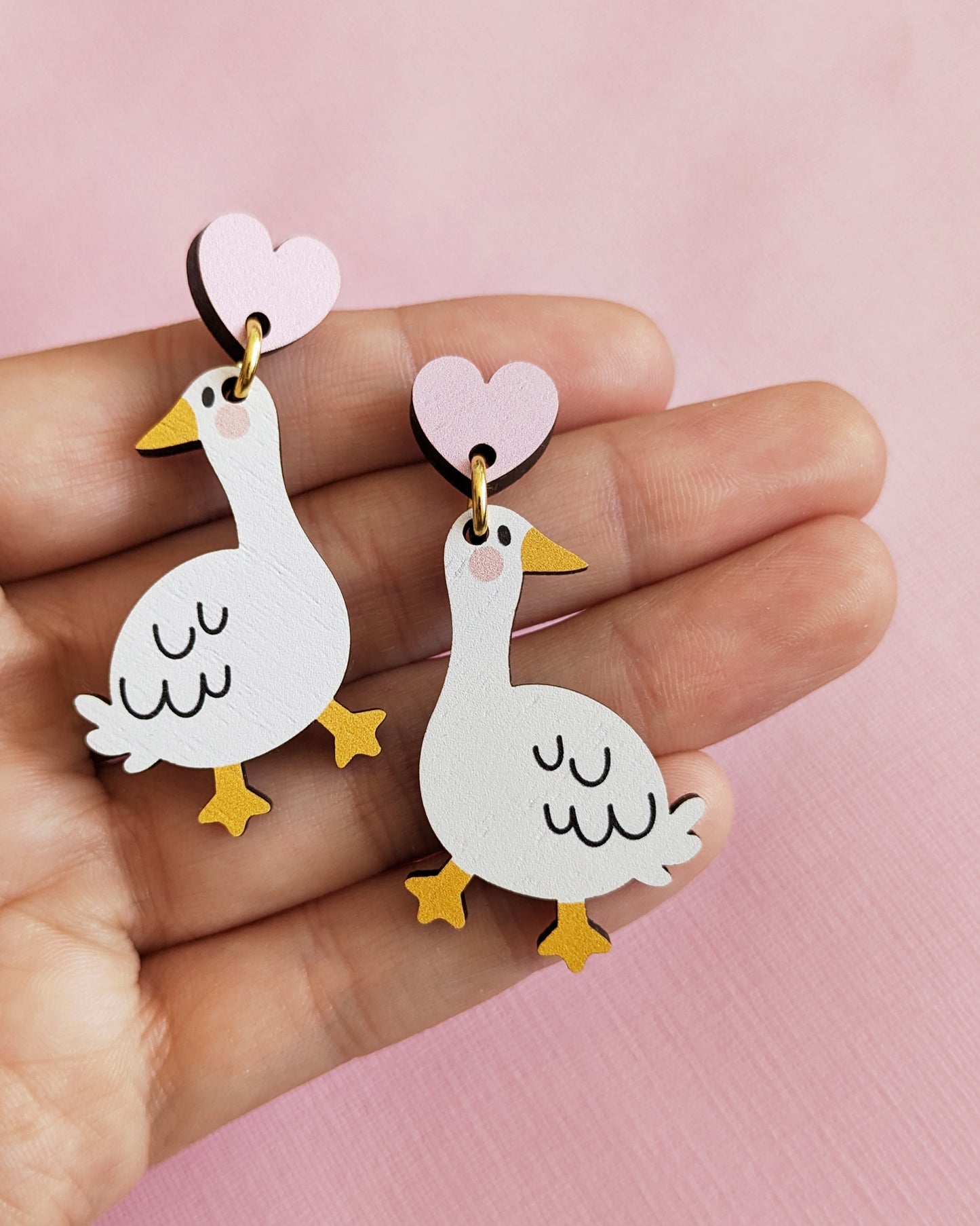 Geese with Hearts - Wooden Earrings