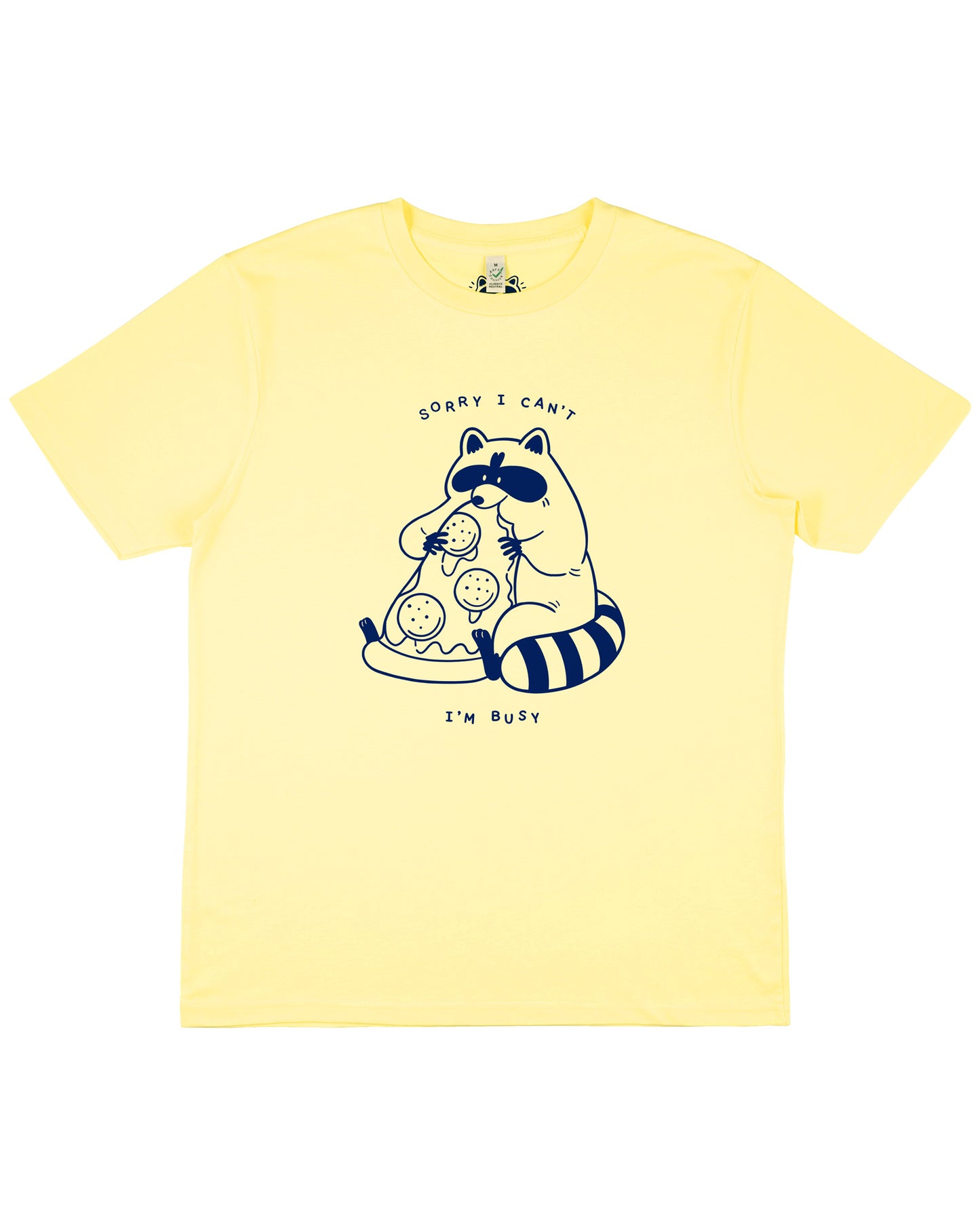 SIZE S - Pizza Raccoon - Hand Printed Yellow T-shirt