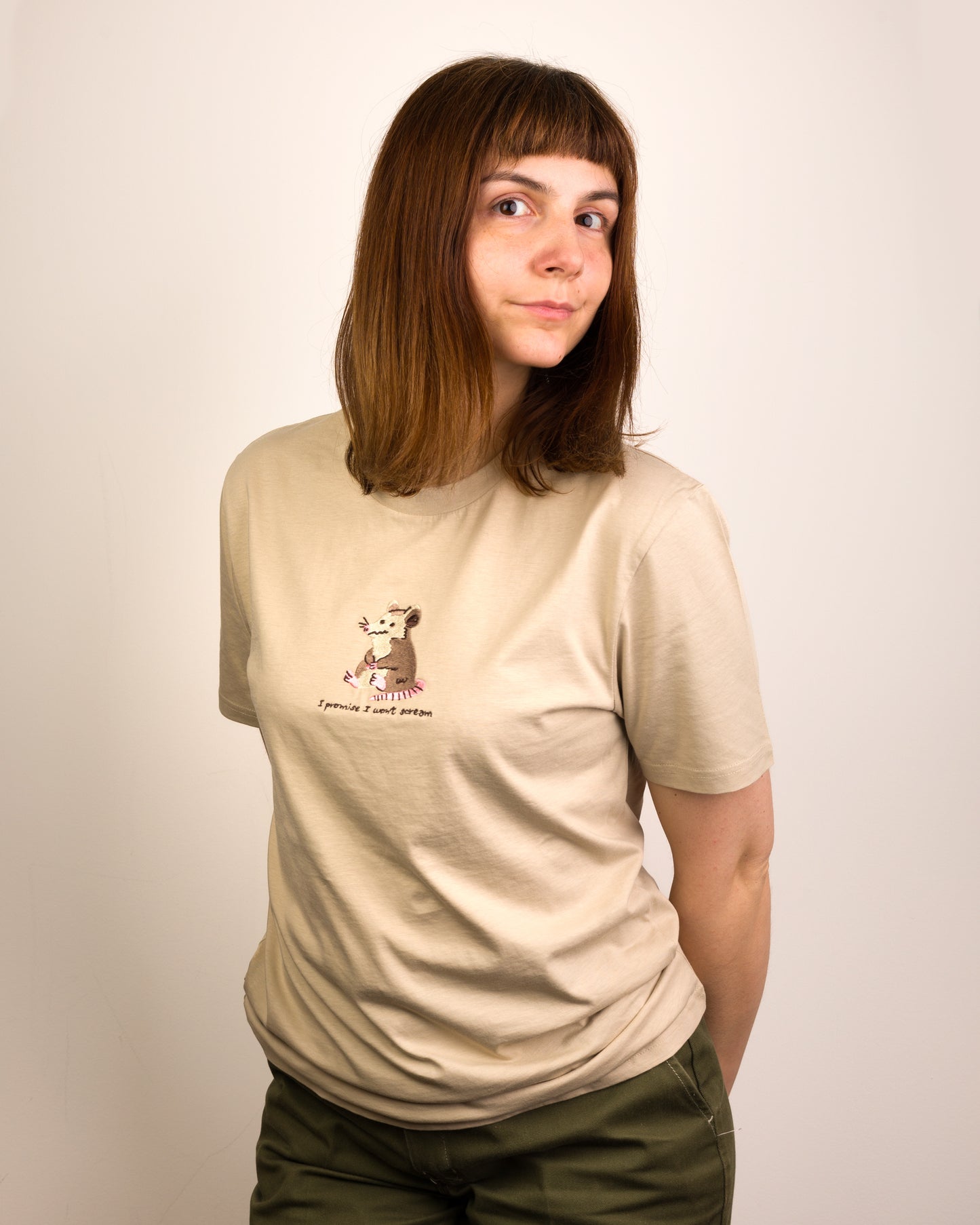 I promise I won't scream - Possum Embroidered Sand T-shirt