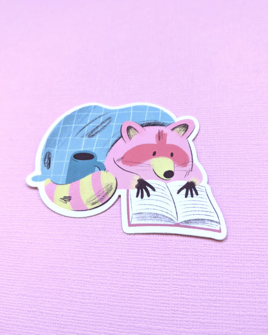 Raccoon with Book - Vinyl Sticker - Patreon - Jess Was Here