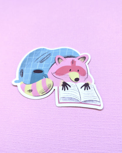 Raccoon with Book - Vinyl Sticker - Patreon - Jess Was Here
