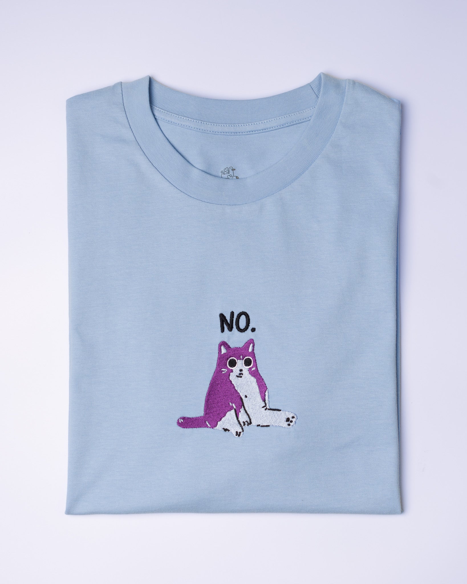 Blue "No" Cat Embroidered T-shirt
