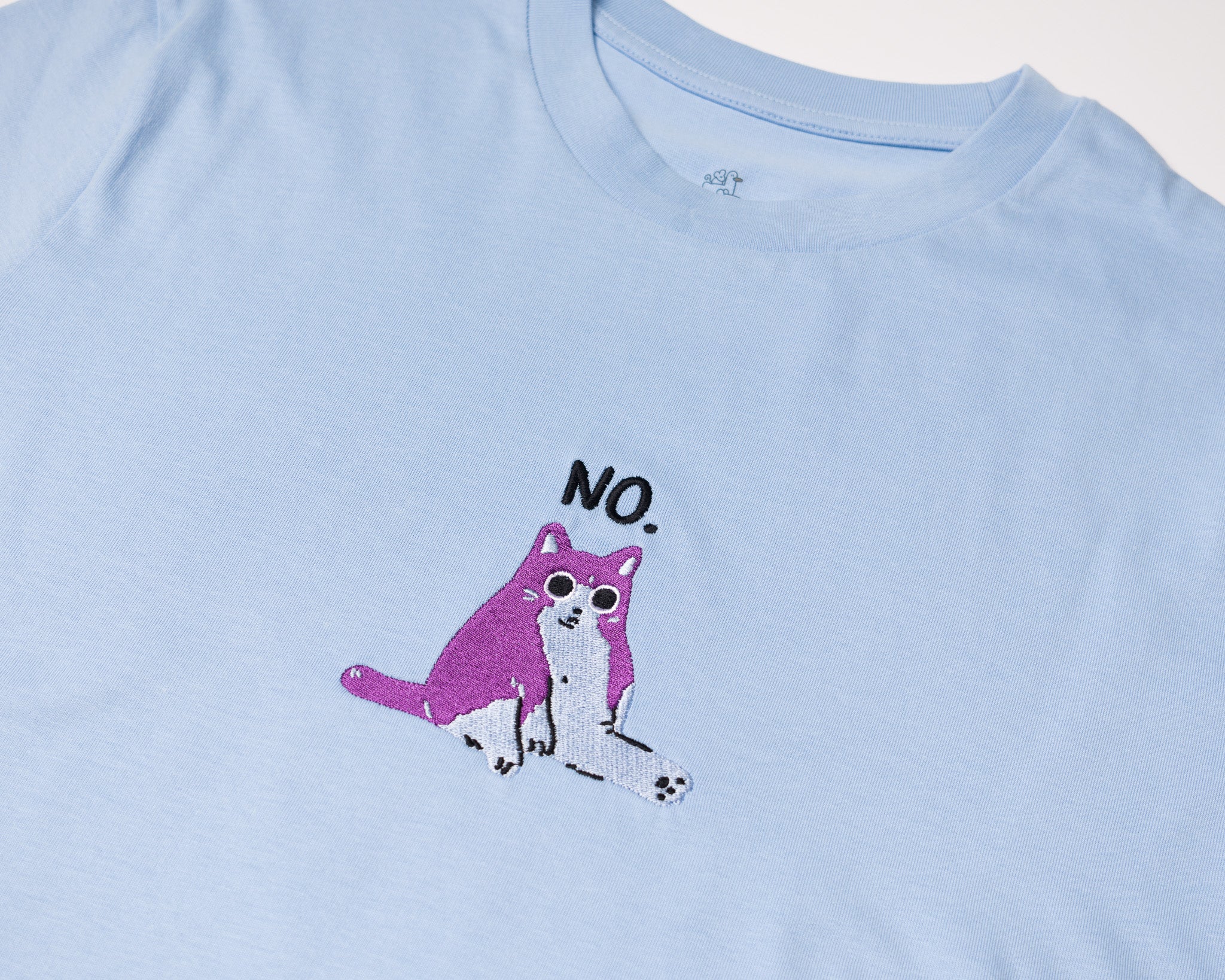 Blue "No" Cat Embroidered T-shirt