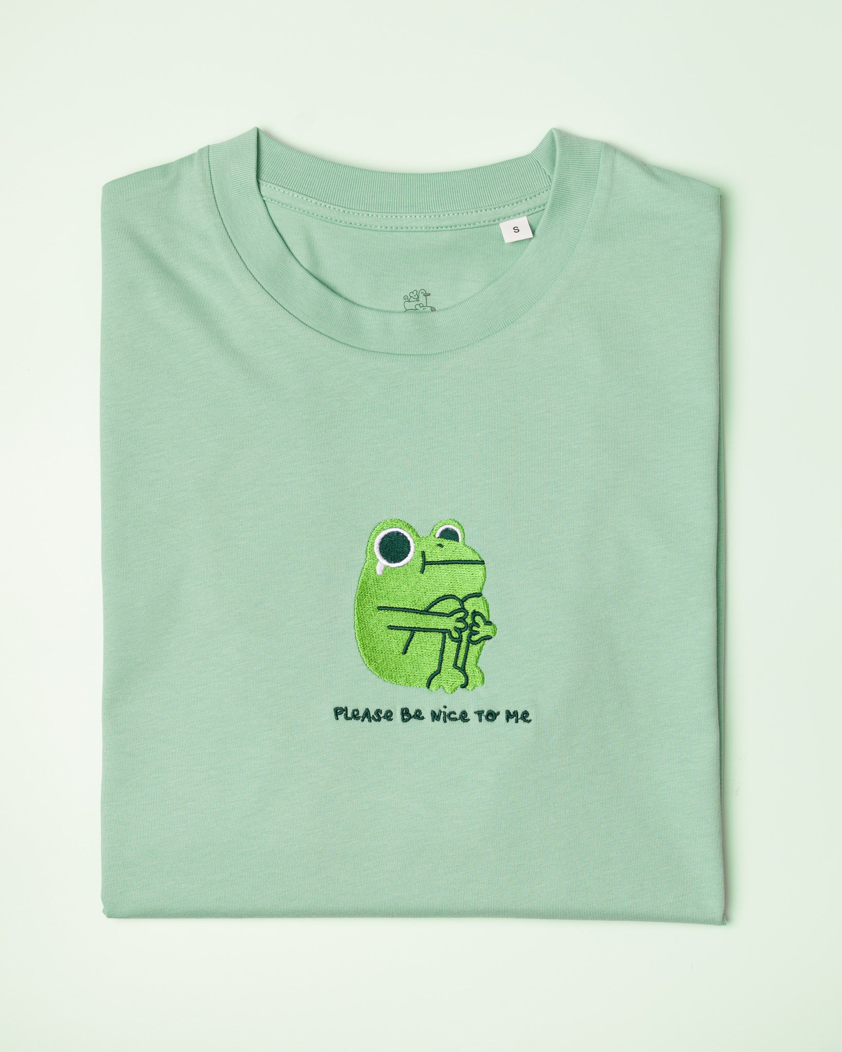 Green Jade "Please Be Nice to Me" Frog Embroidered T-shirt