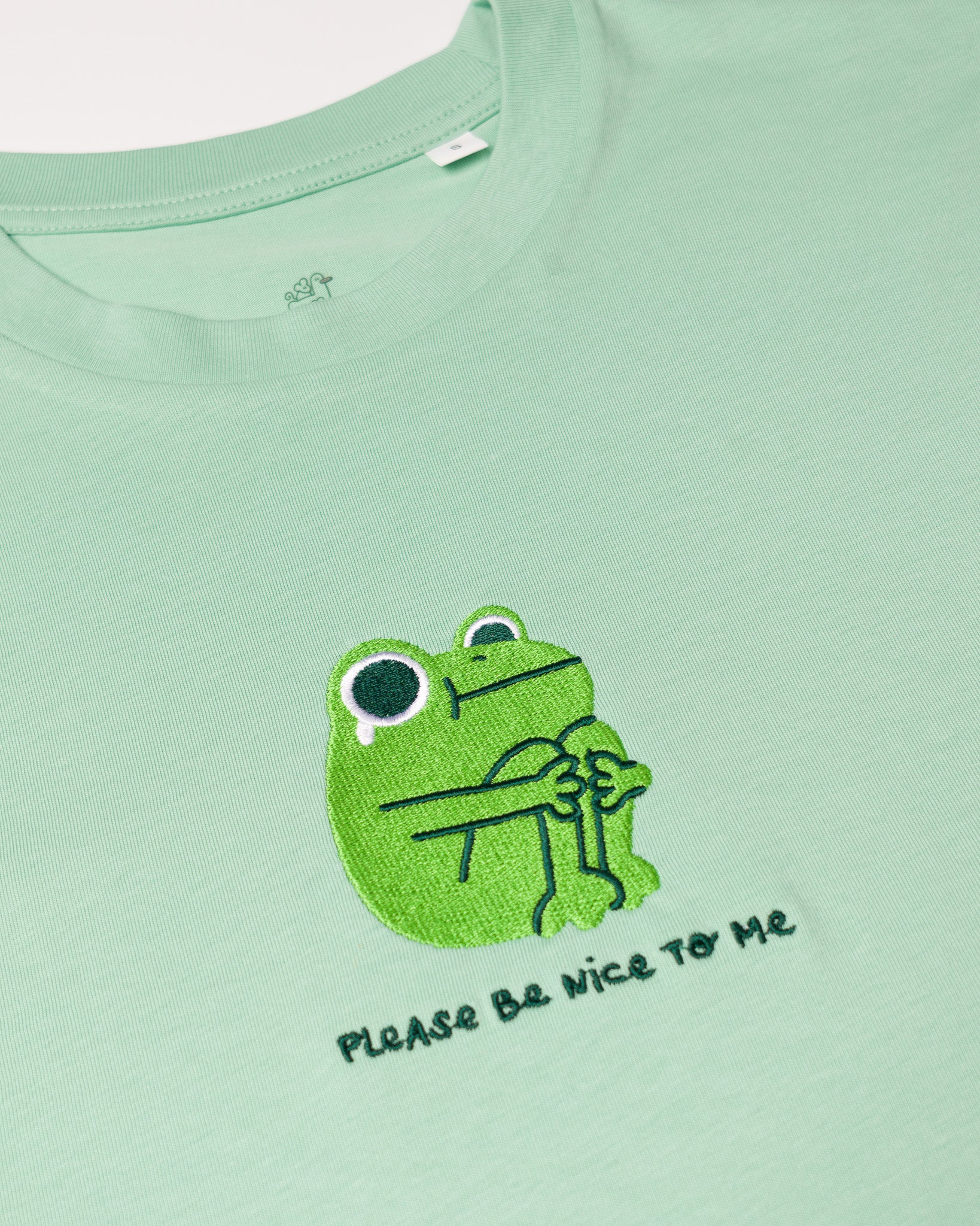 Green Jade "Please Be Nice to Me" Frog Embroidered T-shirt