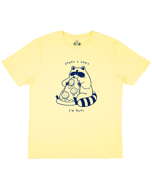 SIZE S - Pizza Raccoon - Hand Printed Yellow T-shirt