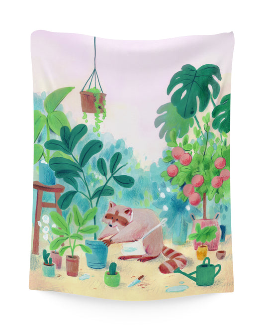Raccoon Gardener - Fabric Tapestry