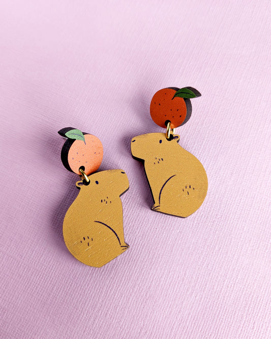 Capybaras & Oranges - Wooden Earrings
