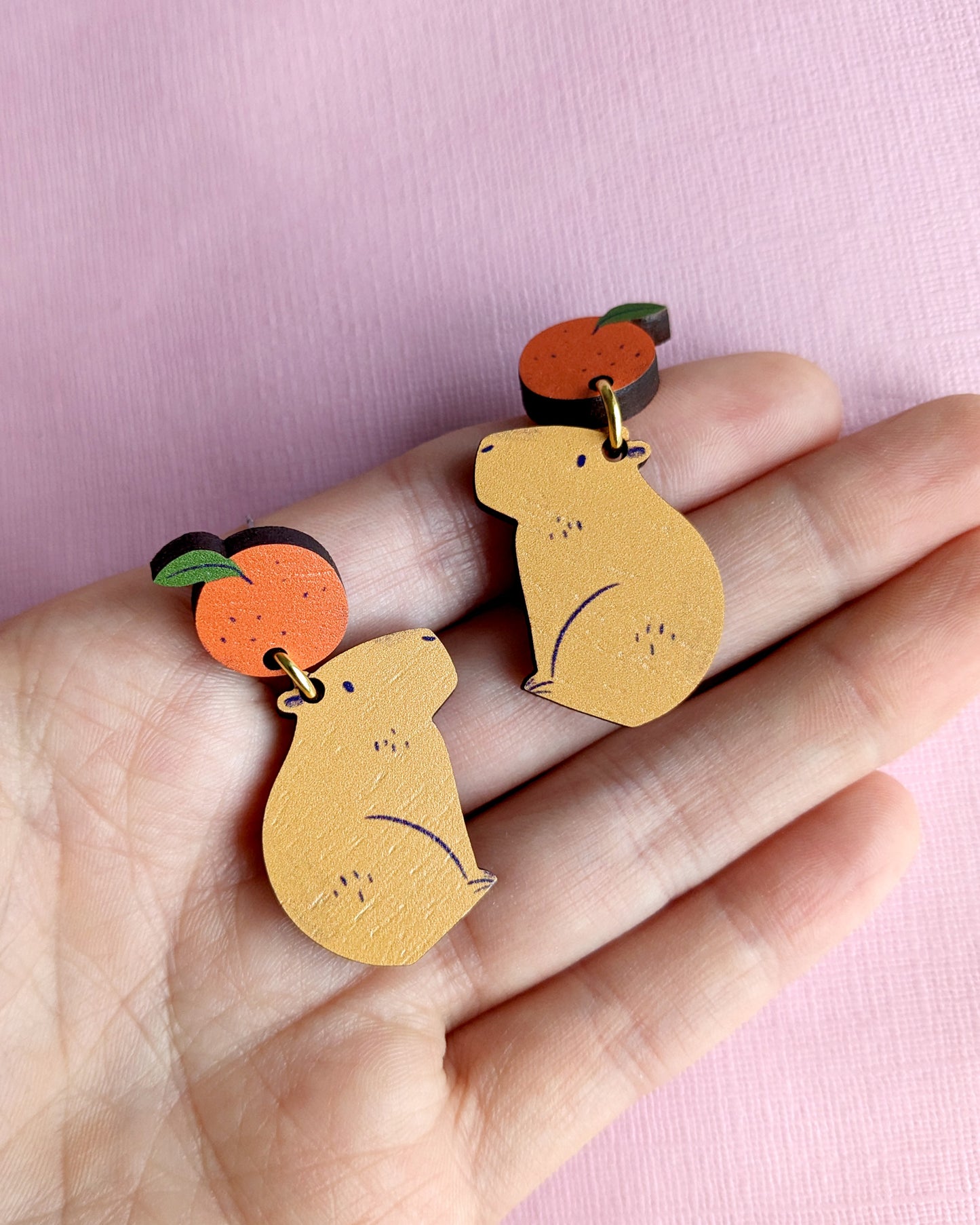 Capybaras & Oranges - Wooden Earrings