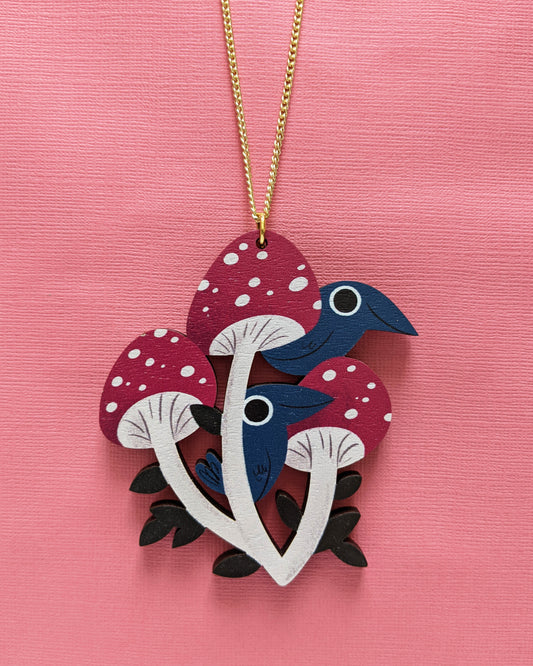 Crows and Mushrooms - Wooden Necklace